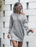 Leisure Off-the-Shoulder Lantern Sleeve Knitted Sweater Skirt