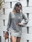 Leisure Off-the-Shoulder Lantern Sleeve Knitted Sweater Skirt