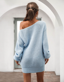 Leisure Off-the-Shoulder Lantern Sleeve Knitted Sweater Skirt