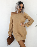 Leisure Off-the-Shoulder Lantern Sleeve Knitted Sweater Skirt