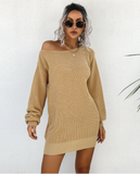 Leisure Off-the-Shoulder Lantern Sleeve Knitted Sweater Skirt