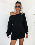 Leisure Off-the-Shoulder Lantern Sleeve Knitted Sweater Skirt