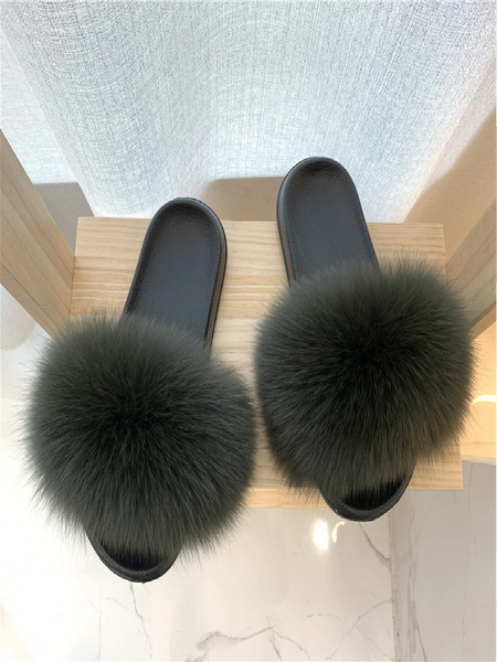 GREEN WIDER FUR WOMEN FASHION SLIDES NEW REALSLIPPERS