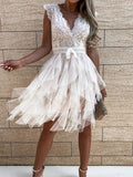 Lace Sexy Summer Deep V-Neck Sweet Sleeveless Solid Ladies Party Dress