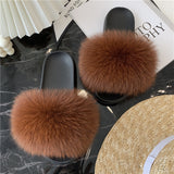COFFEE  FASHION WOMEN FOX FUR REAL FUR SLIPPERS