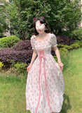 Elegant Floral Dress Women Lace Up Korean Princess Fairy Dress