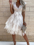 Lace Sexy Summer Deep V-Neck Sweet Sleeveless Solid Ladies Party Dress