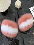 PINK+WHITE FASHION WOMEN FOX FUR REAL FUR SLIPPERS