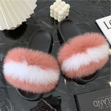PINK+WHITE FASHION WOMEN FOX FUR REAL FUR SLIPPERS