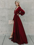 Sexy V-neck Long Sleeves Belted Maxi Dress