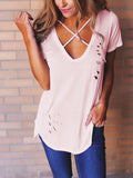 Short Sleeve V Neck with Small Holes T-Shirt Tops