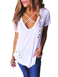 Short Sleeve V Neck with Small Holes T-Shirt Tops