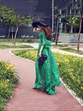 Green Flared Sleeves Bohemia Chiffon V-neck Maxi Dress