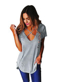 Short Sleeve V Neck with Small Holes T-Shirt Tops