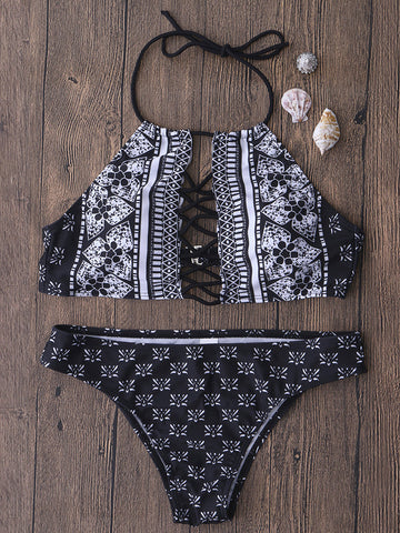 Retro Printed Floral Padding High Neck Halter Brazilian Wireless Split Bikinis