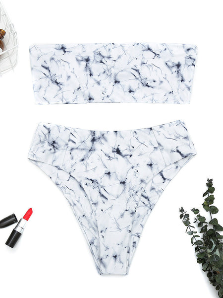Printing Scoop Back Soft Strapless Marble Bikinis Swimsuits