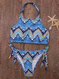 Printed Flower High Neck Halter Striped Bikini For Swimwear