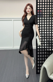 Elegant Red Ruched Midi Dress with V - Neck Design
