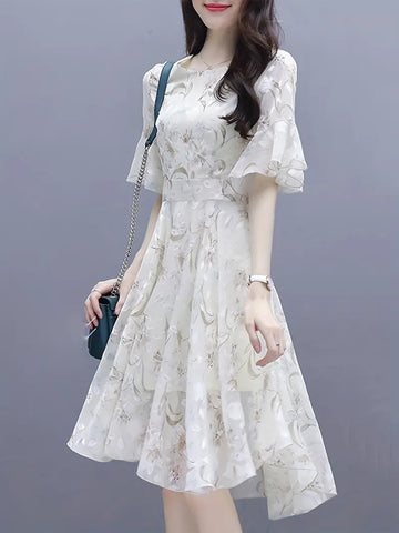 Ruffle Trim Sleeve Airy Floral Print  Chiffon Dress