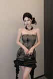 Stylish Strapless Dress with Floral Lace and Ruffled Hem