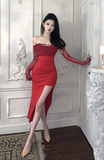 Elegant Red Off - Shoulder Gown with Sheer Long Sleeves
