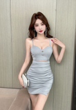 Elegant Sleeveless Beige Outfit with Ruched Skirt