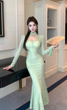 Elegant Cream Lace Mermaid Dress with High Neck Detail