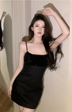 Stylish Black Spaghetti - Strap Mini Dress with Sequin Detail