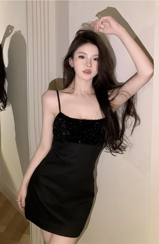 Stylish Black Spaghetti - Strap Mini Dress with Sequin Detail