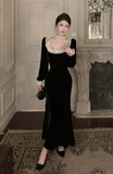 Elegant Black Velvet Gown with White Lace Trim