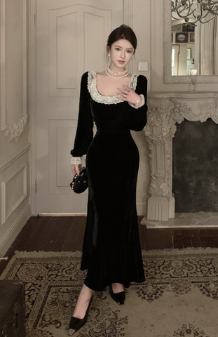 Elegant Black Velvet Gown with White Lace Trim