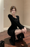 Stylish Long - Sleeve Gown with Sparkling Chest Detail and Side Slit