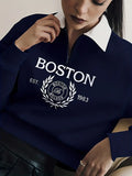 Classic Navy Long Sleeve Polo Collar Boston Print Zip Sweatshirt