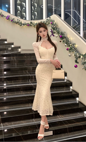 Elegant Cream Lace Mermaid Dress with High Neck Detail