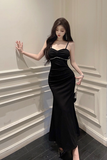 Elegant Pink Spaghetti - Strap Mermaid Dress with Rhinestones