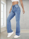 Light Blue Mid-Stretch Slant Pockets Casual Bootcut Jeans