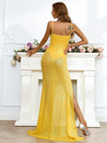 Split Yellow Backless Sheath Column Prom Dress