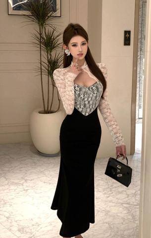 Stylish Outfit with Sheer Lace Blouse and Flared Black Skirt