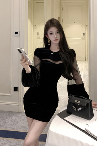 Elegant Black Velvet Dress with Sheer Mesh Inserts