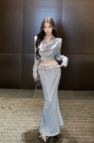 Stylish Long - Sleeve Blue Ensemble with Mermaid - style Skirt