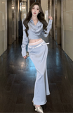 Stylish Long - Sleeve Blue Ensemble with Mermaid - style Skirt