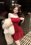 Glamorous Strapless Black Sequin Mini Dress for Parties
