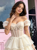White Puffy Sleeve Short Mini Tulle Homecoming Dress