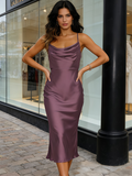 Satin Spaghetti Strap Cowl Neck Backless Party Dress