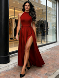 Halter Spandex A Line Long Maxi Dress With Slit