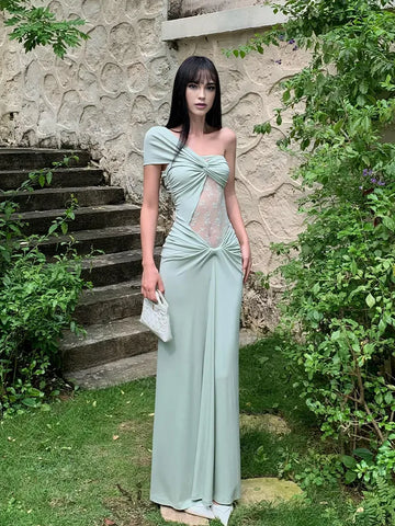 Satin One Shoulder Long Dress with High Slit