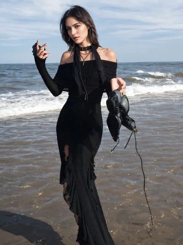 Thigh-High Slit Off-Shoulder Black Gothic Dress