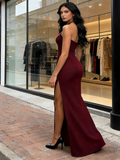 Halter Spandex A Line Long Maxi Dress With Slit