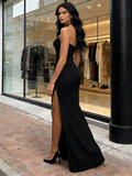 Halter Spandex A Line Long Maxi Dress With Slit