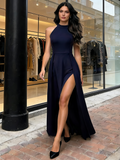 Halter Spandex A Line Long Maxi Dress With Slit